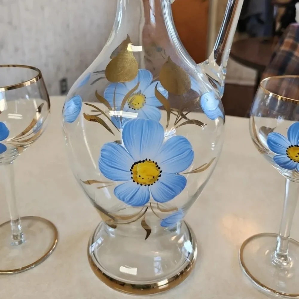 Vtg Romanian Glass Decanter Set 6 Wine Glasses Hand Painted Blue Floral Gold Rim
